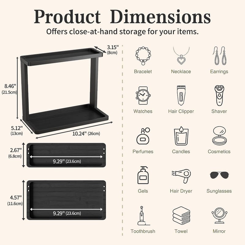 PEKER Bamboo Bathroom Organizer Countertop – Small Vanity Storage Shelf for Makeup, Perfume, Skincare – Natural Cosmetics Display Rack for Dresser, Sink, Kitchen –Black - Image 3